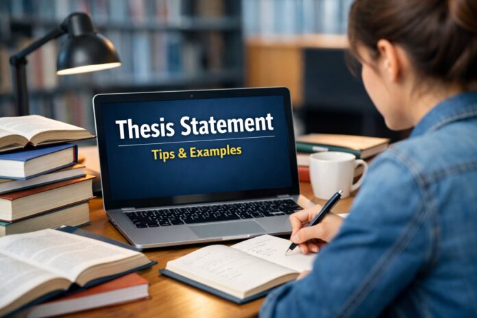 Student writing a good thesis statement for an academic essay on a laptop
